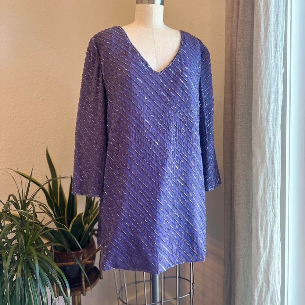 Papell Studio Womenโs Large Blouse Purple Silk Beaded Tunic Sequin Evening Party